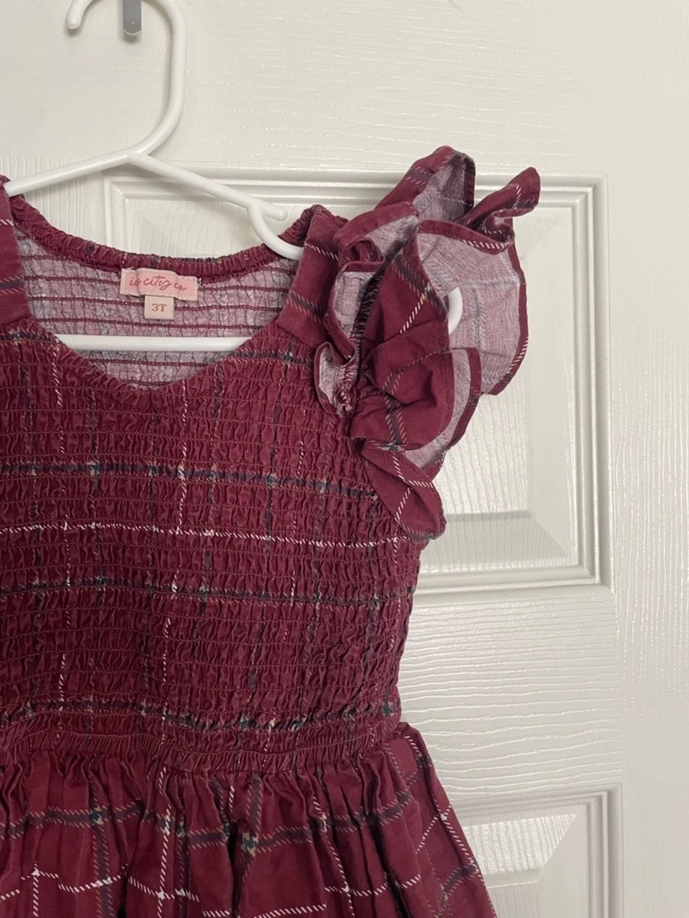 Ivy City Co 100% Cotton Girls Smocked Burgundy Plaid Dress with Ruffle Sleeves